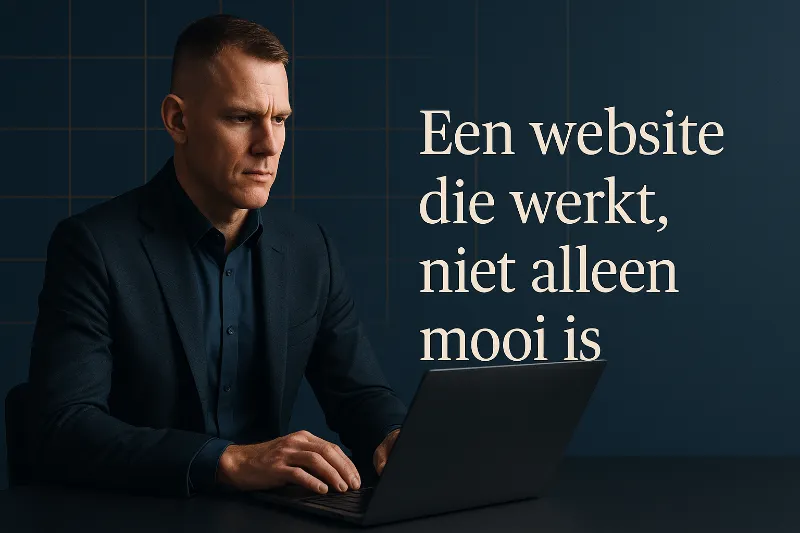 Ondernemer bekijkt websiteontwerp op laptop – symbool voor structuur, strategie en groei.